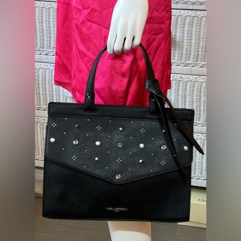 Karl Lagerfeld Black Saffiano Leather Crossbody Bag Faux Pearls & Studs 12x9x3”